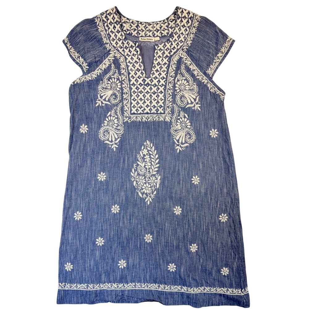 Roller Rabbit Blue Embroidered Tunic Dress Womens L Boho Floral Cotton Cover Up